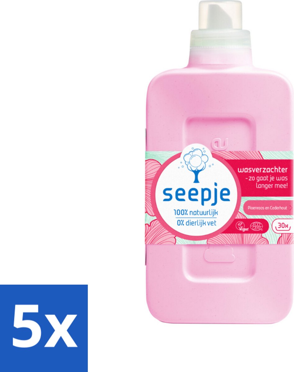 5 x Seepje - Wasverzachter - Geurige Verzorging - Pioenroos en Cederhout - 30 Wasbeurten - 750 ml - Wasverzachter - Natuurlijke Wasverzachter - Pioenroos En Cederhout - Geurige Wasverzachter - Vegan Wasverzachter