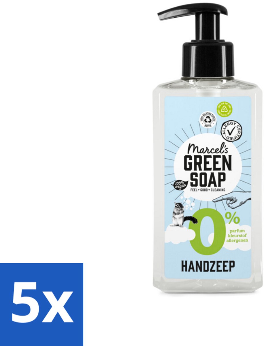 5 x Marcel's Green Soap - Handzeep 0% - Zachte verzorging - 250 ml - Handzeep 0% - Gevoelige Huid - Milde Reiniging - Plantaardige Glycerine - Allergiegevoelig