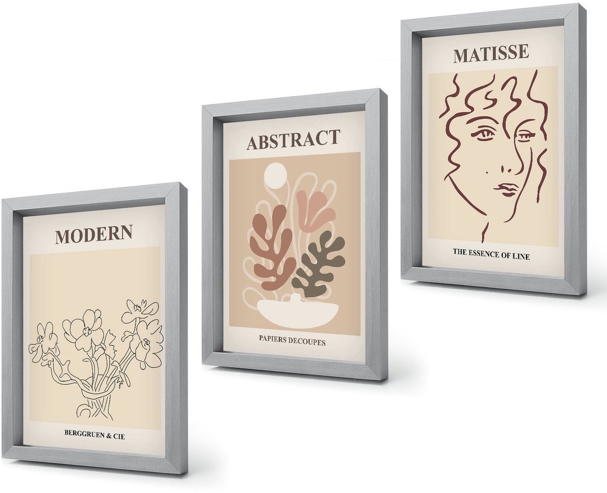 Coloray 4-Delige Schilderij Set - Plantenmotieven en lijnen in een moderne stijl - 20 x 30 cm - Wanddecoratie - Moderne Interieurdecoratie Zilveren lijst