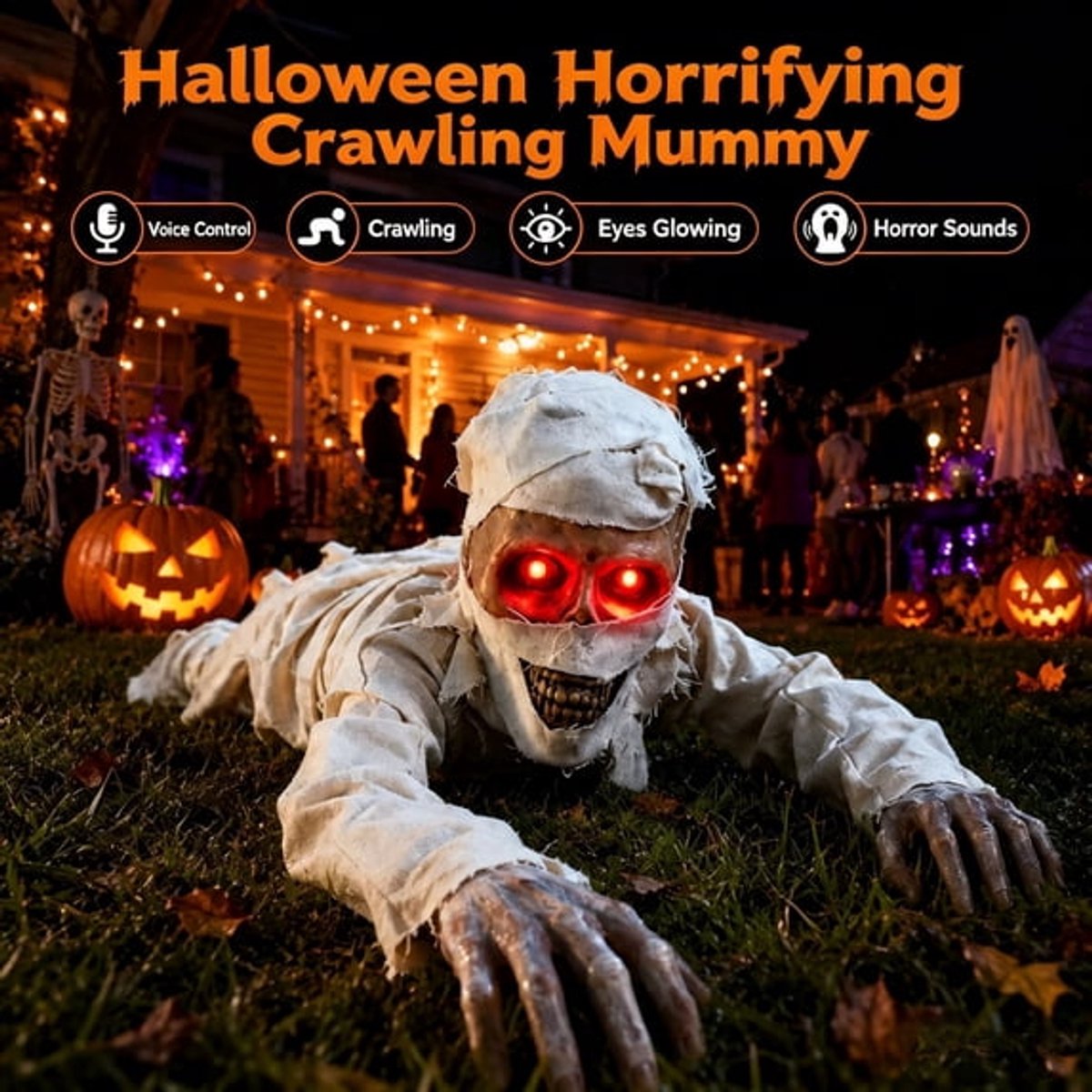 Ulisem - Halloween mummie decoratie - 106 cm kruipende mummie met gescheurde verbanden en schedelgezicht - Rode ogen en griezelige geluidseffecten - Geluidsactivering - Voor tuin en feest - Batterijgevoed - Eenvoudig te installeren - Wit