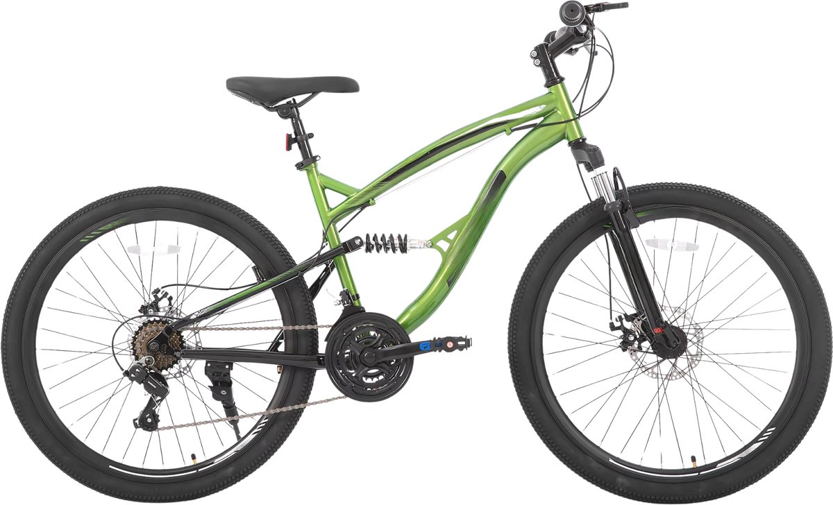Mountainbike – Voor heren, dames en volwassenen – Volledig geveerd, 21 versnellingen, dubbele schijfrem – 66 cm wielen, groen