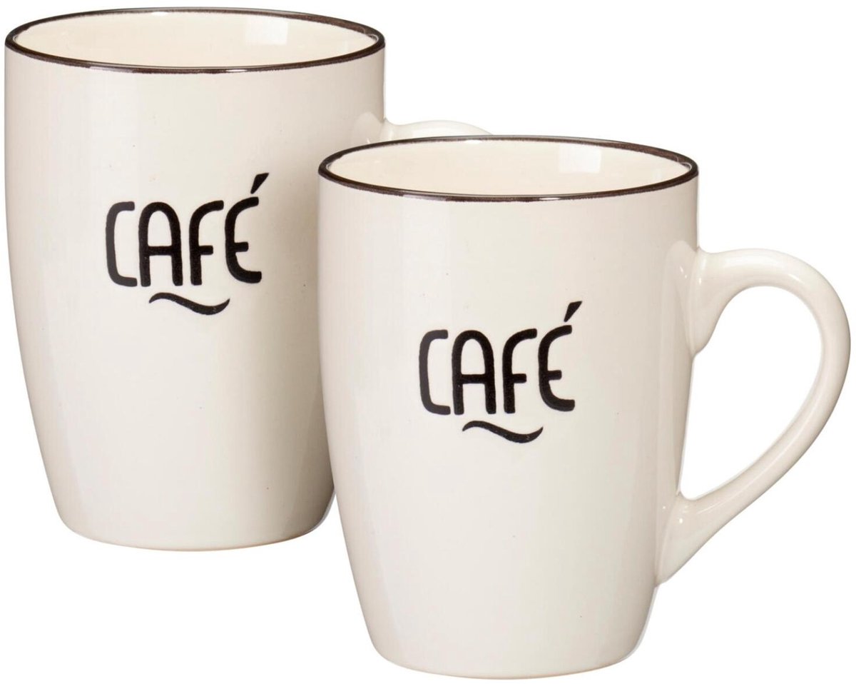 Siaki koffie kopjes Barista Cafe - 2x stuks - creme wit - 340 ml - mokken - keramiek - 10 cm - met koffie thema teksten