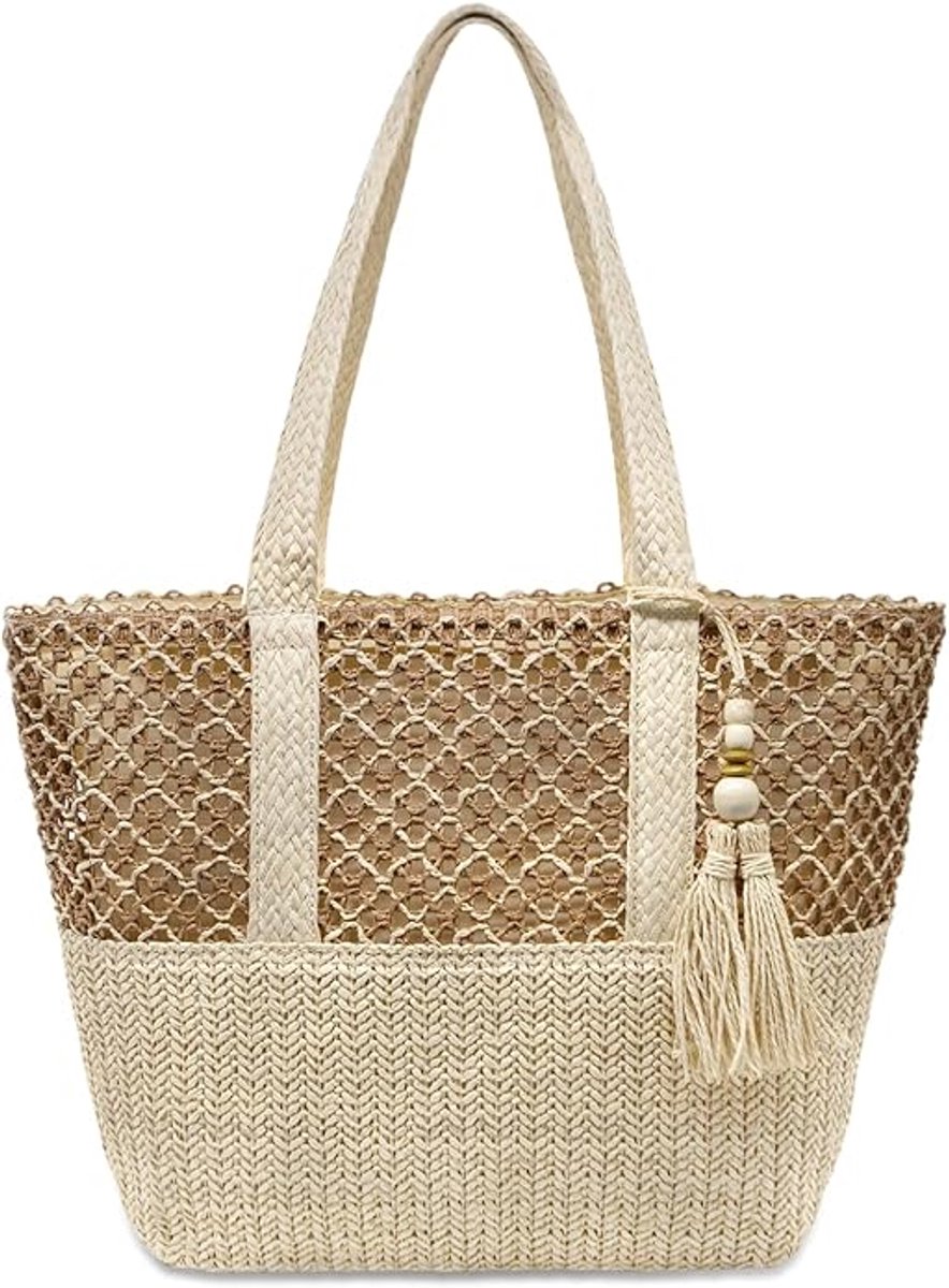Stro strandtas voor dames, opvouwbaar, grote geweven strotas, tas, schoudertas met ritssluiting, zomervakantie