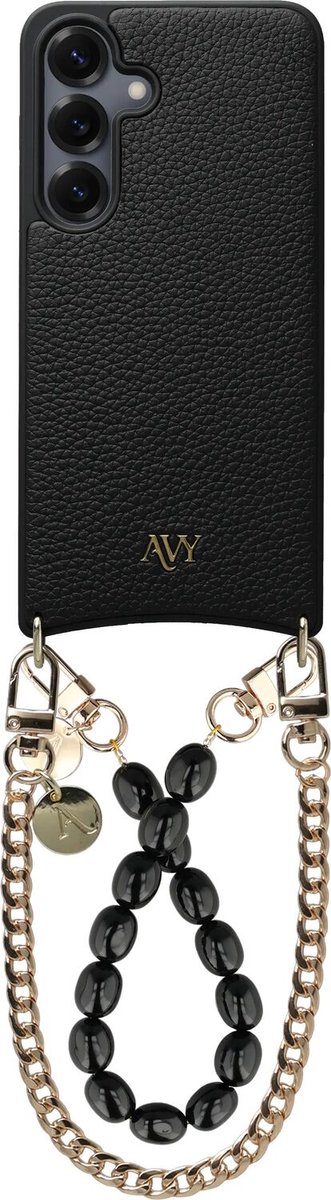 AVY Leren Hoesje Geschikt voor Samsung Galaxy S25 / S24 | Compatibel met MagSafe | Leather Case met Telefoonkoord | 2 Polsbandjes | Zwart | Rosario Gold Set