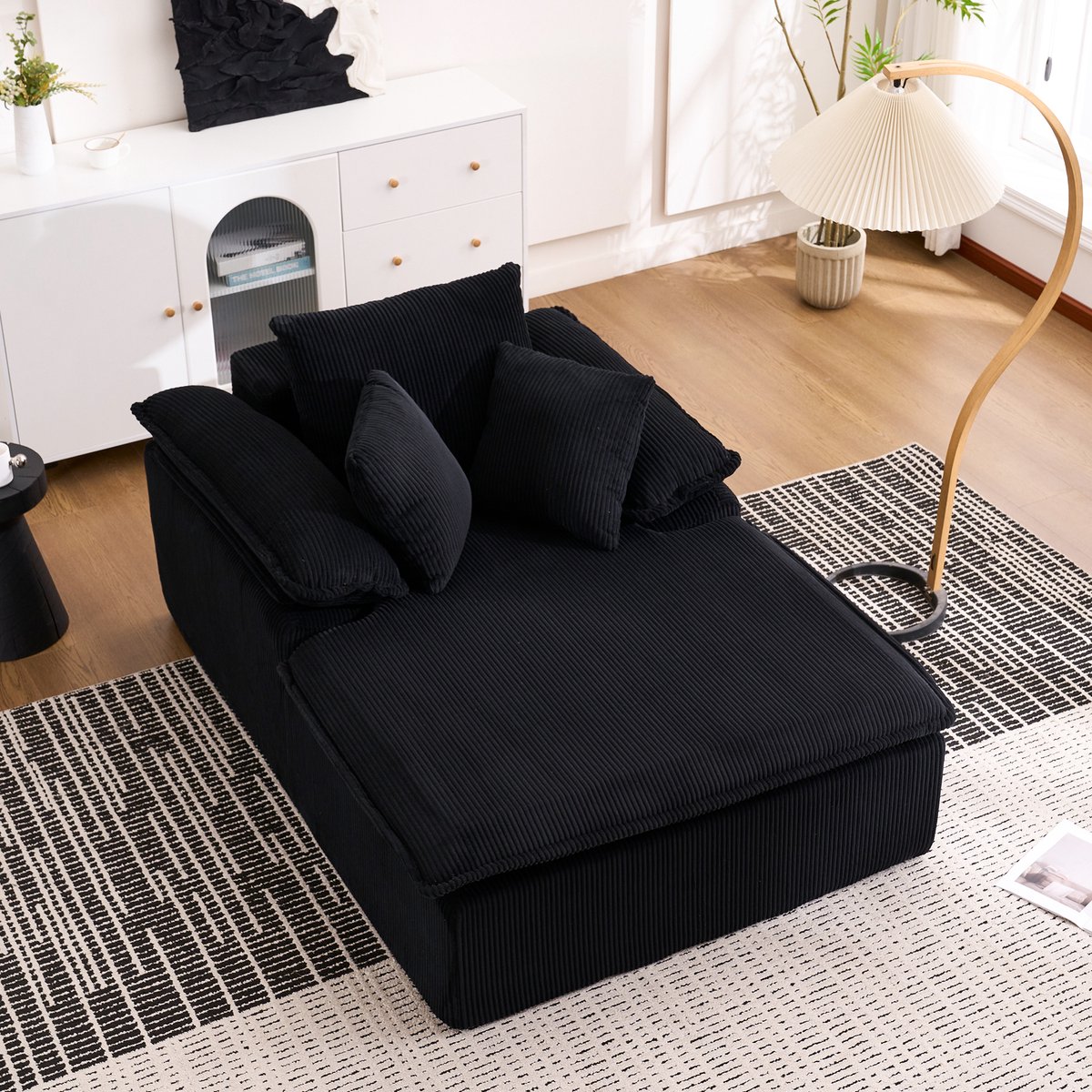 Lounge Fauteuil - Corduroy Relaxstoel Met Brede Armleuningen - Grote Frameloze Cloud Chair Met Diepe Zit En Zachte Schuimvulling - Moderne 1-Zits Sofa Zonder Montage - Zwart