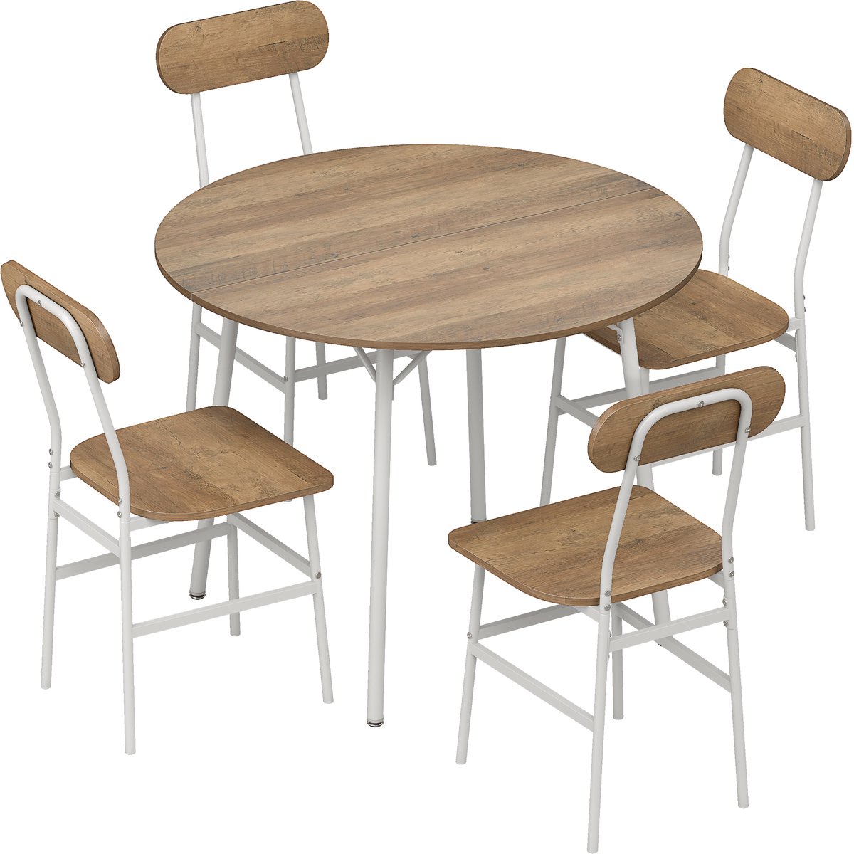 ECTEATOY® Eettafel met 4 stoelen - Ronde Keukentafel Ø 100 cm - Ruimtebesparend - Houtlook en Metaal - Naturel