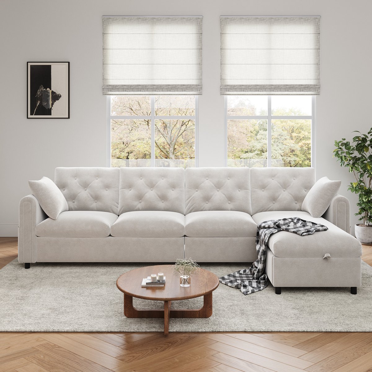 L-Vormige Slaapbank - Velvet Hoekbank 4 Personen Met Verborgen Opbergruimte - Omkeerbare Chaise Longue Sofa Met Knopen Rugleuning En Magazinehouder - Moderne Woonkamer Bank Beige