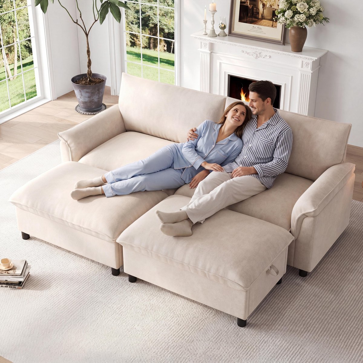 Modulaire Hoekbank - 4 Zits Cloud Sofa Chenille - U Vorm Lounge Bank Met 2 Hockers - Diepe Zitbank Met Opbergruimte - Grote Woonkamer Bank Beige