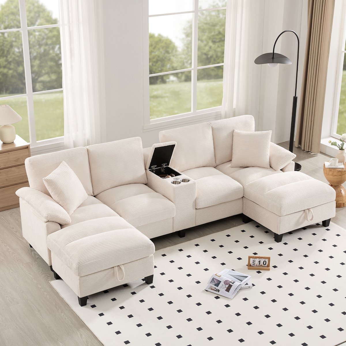 Massief Hout 4-Zitser U-Stoel Met opbergruimte - Geribd Fluweel - 293x142x93 cm, Beige