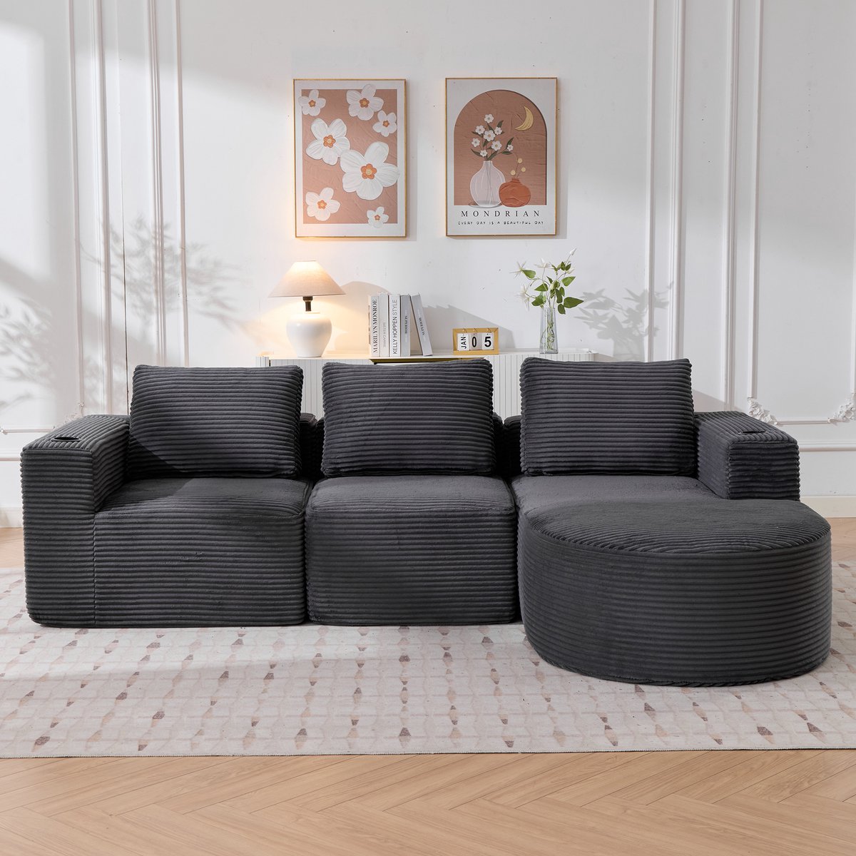 Modulaire Bank - 2-Zits Ribstof Sofa 265 cm Met Kussens En Bekerhouders - Compacte Lounge Bank Met Zachte Zit, Volledig Gecomprimeerd Leverbaar - Moderne Bank Voor Woonkamer Appartement Kantoor - Donkergrijs