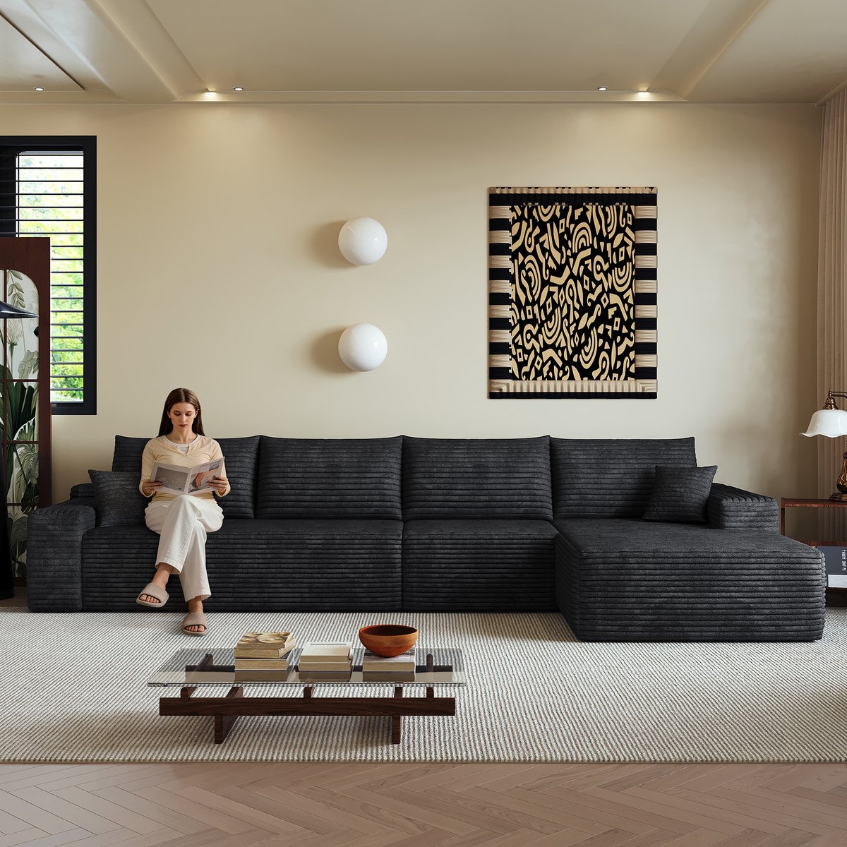 Modulaire Hoekbank - 4-Zits Cloud Sofa Met Chaise Longue Ribstof Bank Zwart
