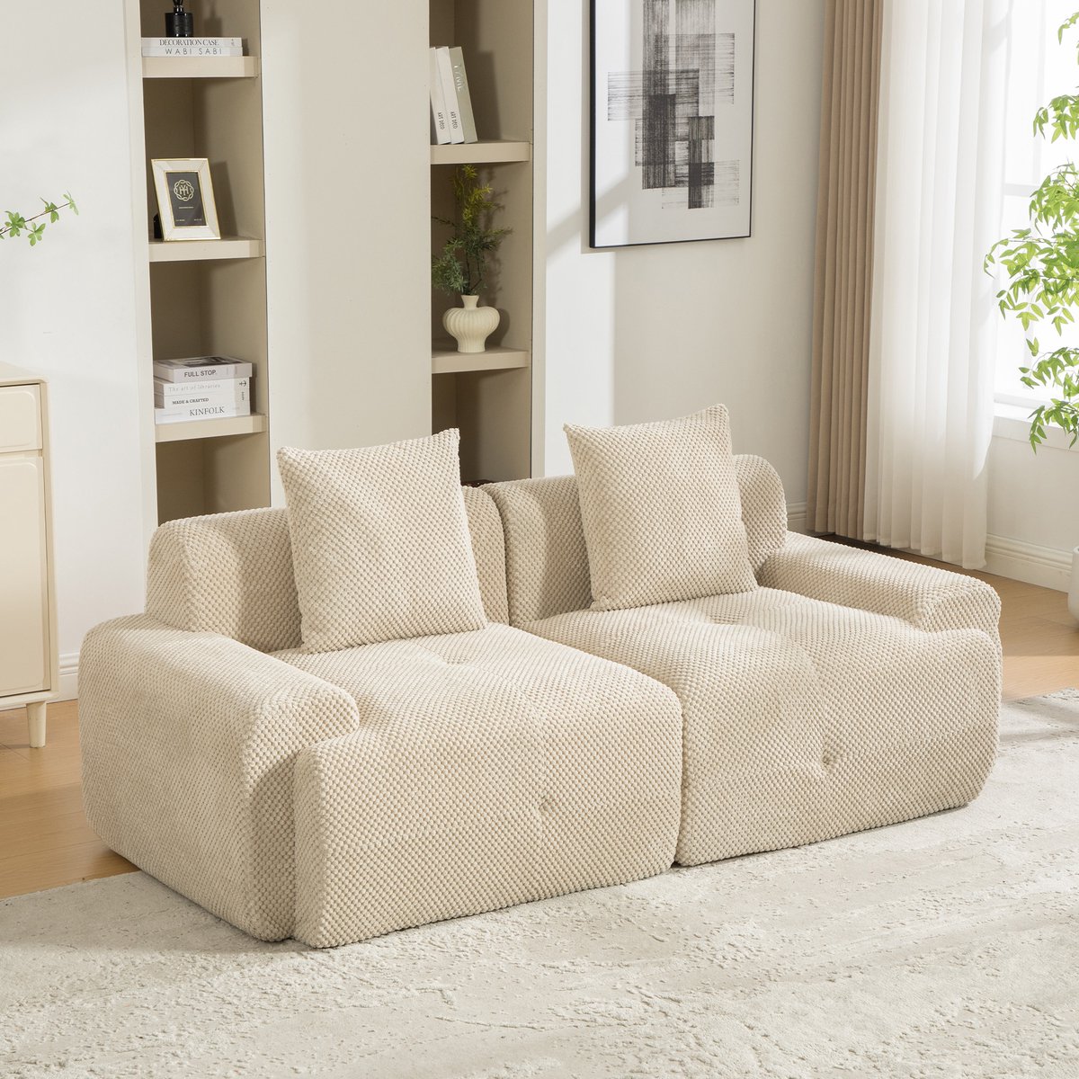 Modulaire 2-Zits Bank - Chenille Cloud Sofa Beige - Zachte Lounge Sofa Met 30D Schuimvulling - Frameloze Relaxbank Zonder Montage - Comfortabele Bank Met Antislip Onderkant Voor Woonkamer