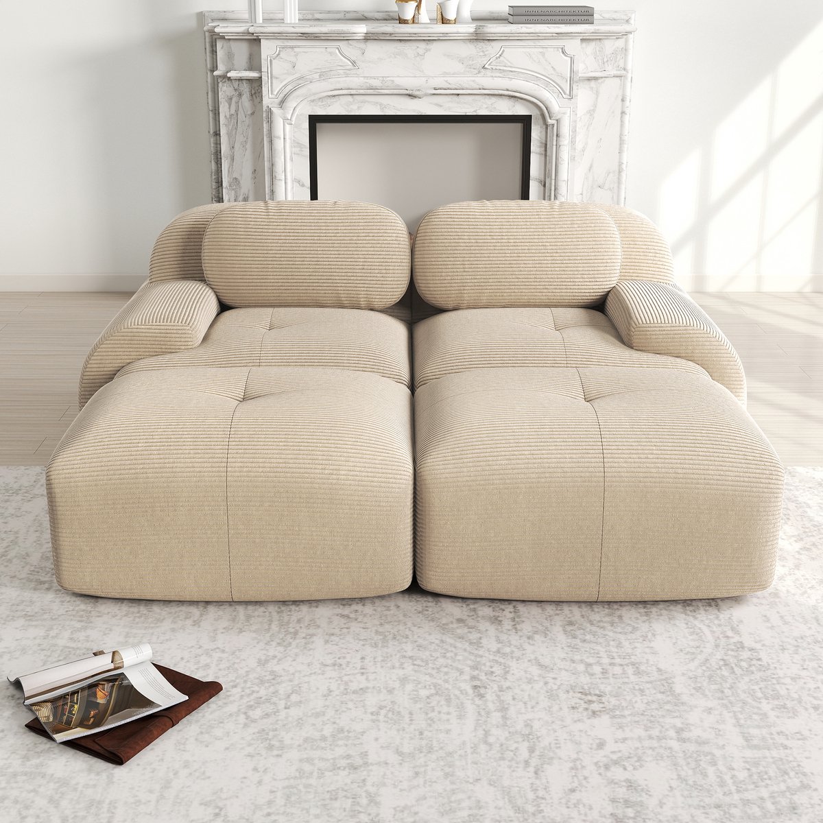 Corduroy 2-sitter sofa - Frameless Modular Sofa met Stoel Lounge, Non-slip Base en Ergonomi... - 208x178x70 cm, Beige