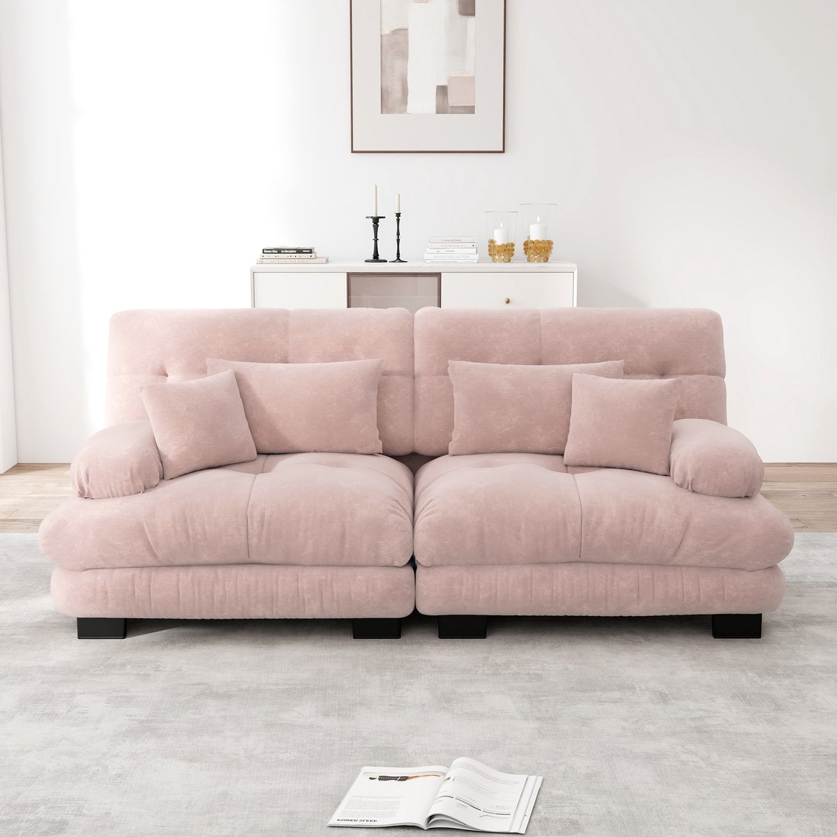 Modulaire Hoekbank - Chenille Cloud Sofa 2-Zits Roze Met Kussens