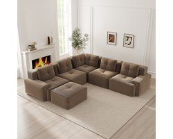 Modulaire Hoekbank - Ribstof Cloud Bank 5-Zits Lounge Sofa Met Hocker - Grote Diepe Zitbank Zonder Montage Voor Woonkamer En Kantoor - Bruin