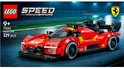 LEGO Speed Champions Ferrari 499P rouge avec des accents jaunes sur une piste de course. La boîte montre la voiture avec le numéro 52.