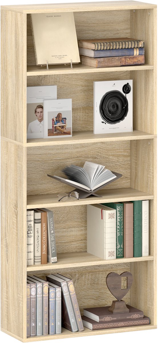 Boekenkast opbergrek- Met 5 vakken- verstelbare plank - opbergkast - 60x24x133.5 cm - Natuurhout