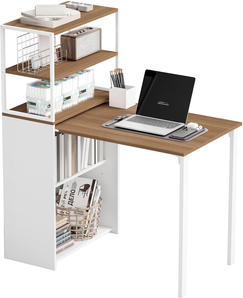 Opklapbaar bureau - keukentafel met 4 planken - computerbureau - werktafel - laptoptafel - 105 x 60 x 127 cm - naturel hout
