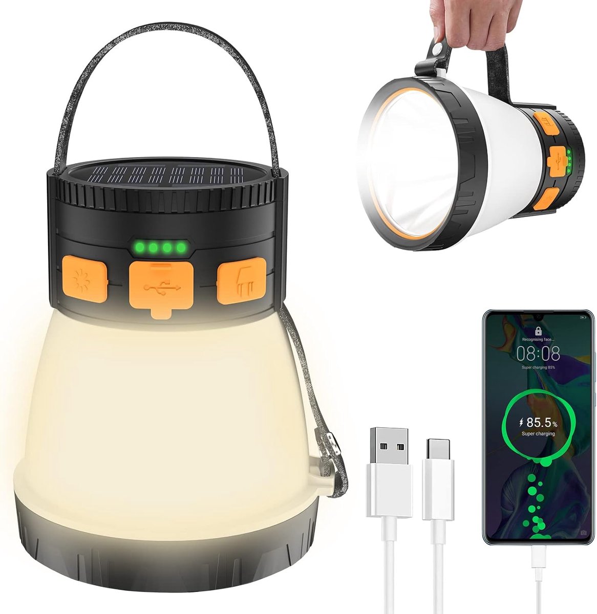 LED Kampeerlantaarn - 1500 Lumen Oplaadbaar met Zonnepaneel - Waterdicht, 8 Lichtstanden, 7500mAh Powerbank - voor Noodgevallen, Wandelen, Outdoor - 1 Stuk