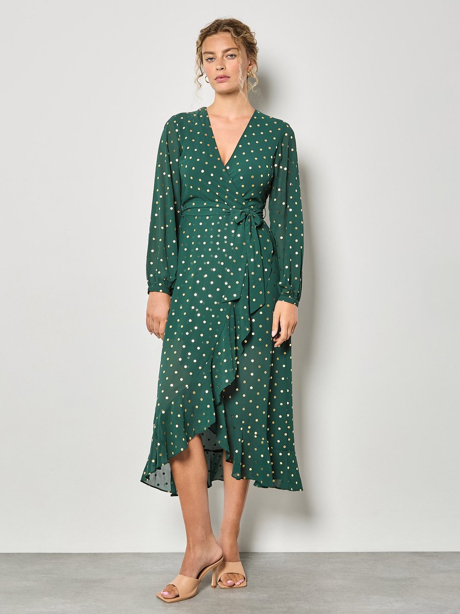 Chiffon wikkeljurk met gouden folie stippen