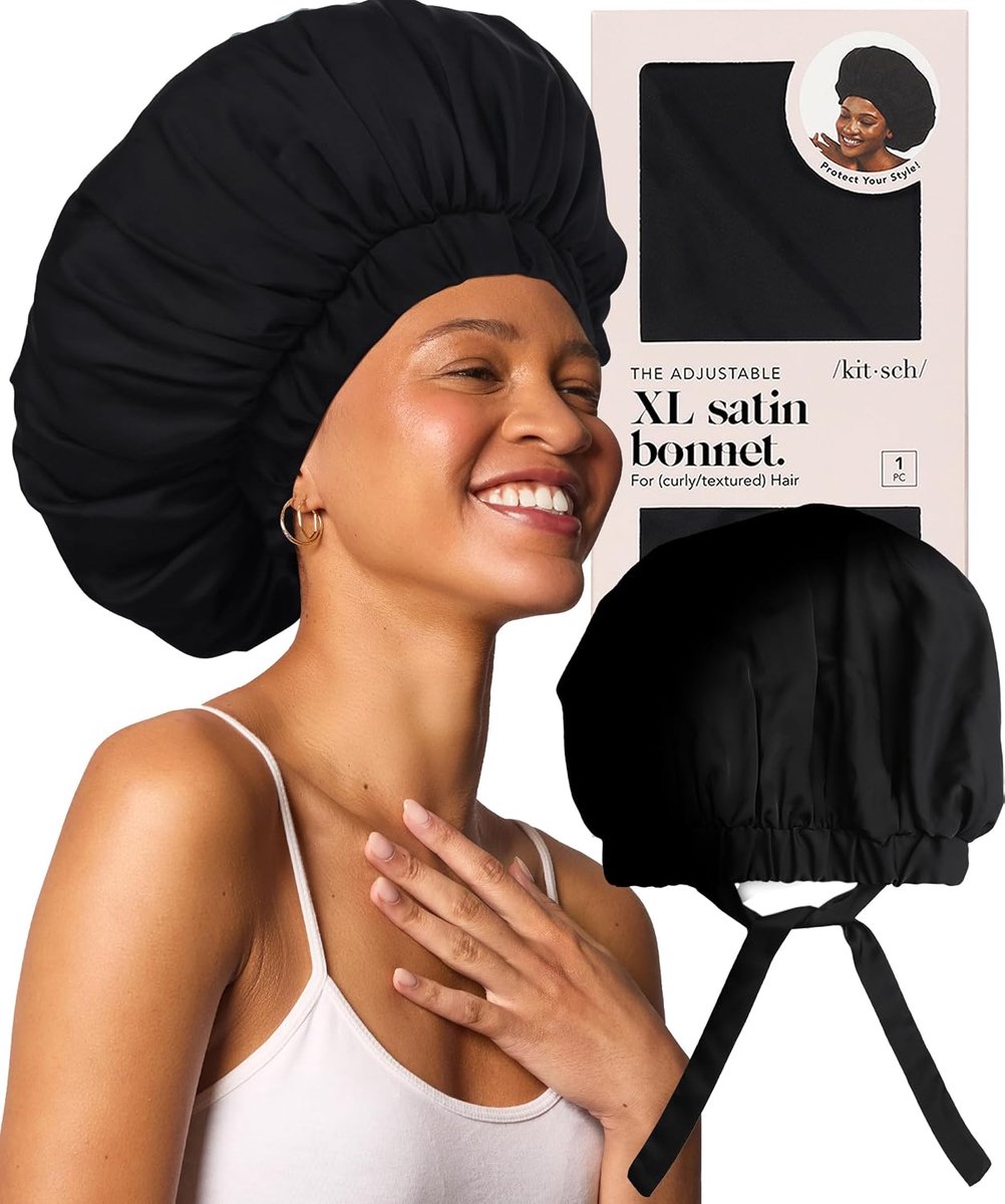 Satin Slaapmuts – XL Haarbonnet – Verstelbaar – Tegen Pluizig Haar & Haarbreuk – Voor Krullend en Lang Haar Zwart