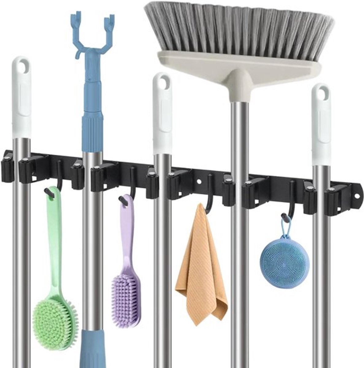Broom Holder voor Muur met 5 Houder en 4 Haken, Sterke RVS Gereedschap Houder voor Garage en Tuin
