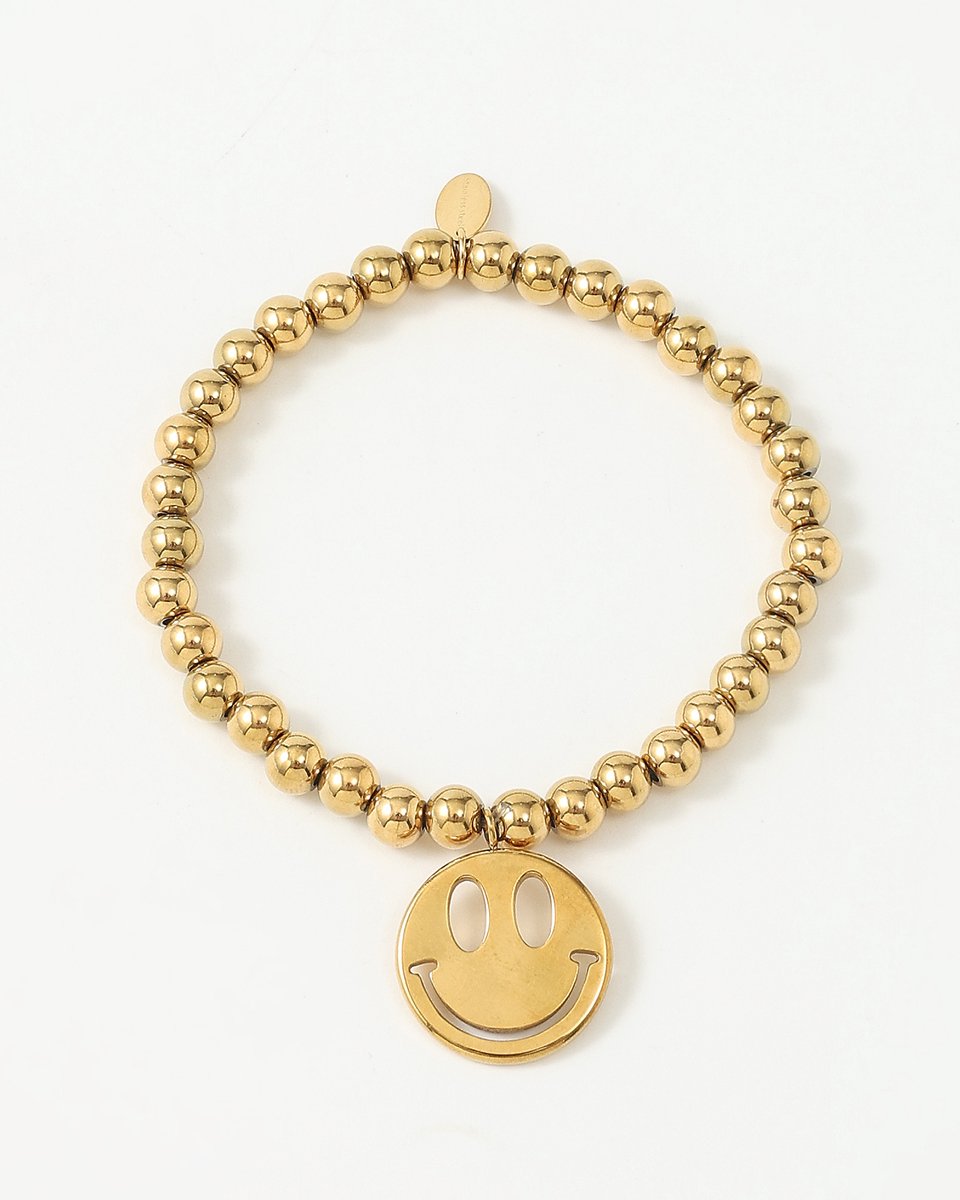 Nouka Dames Armband - Stainless Steel - Goud Gekleurde Kralen - Met Smiley Hanger - Combineren - Cadeau voor Vrouwen - Cadeau Voor Moeder