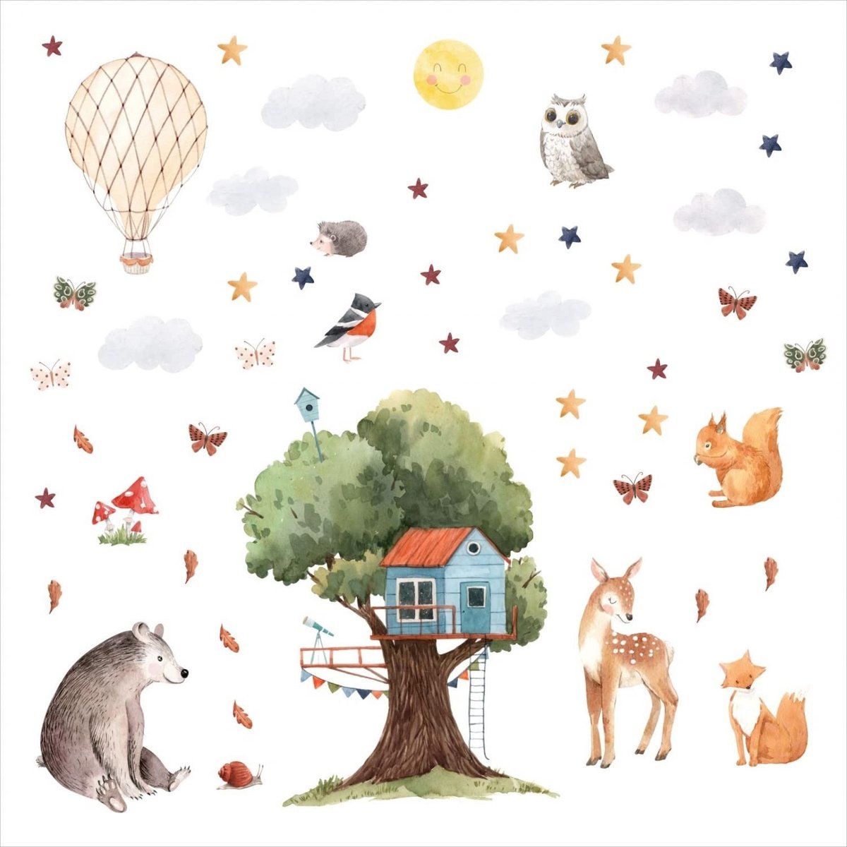 Solidchoice - Muurtattoo Boomhut met Bosdieren - Wanddecoratie voor Kinderkamer