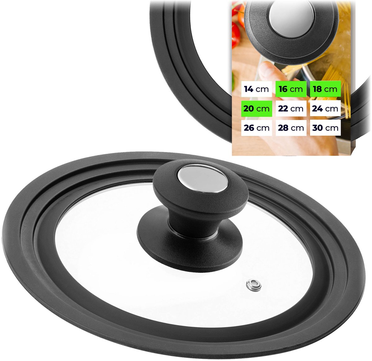 KADAX universele deksel 16/18/20 cm, universele deksel voor potten en pannen, pannendeksel, glazen deksel met siliconenrand en stoomopening, potdeksel (zwart/zilver)