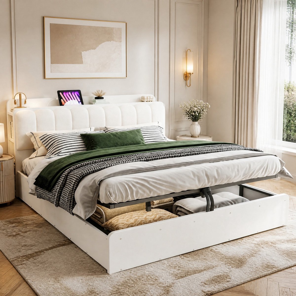 DESMIU Bed 180x200cm – Hydraulisch Opbergbed met Hoofdbord en USB – Geïntegreerde Opbergruimte en Nachtverlichting – Voor Slaapkamer – Hout MDF Stof – Wit – Zonder Matras