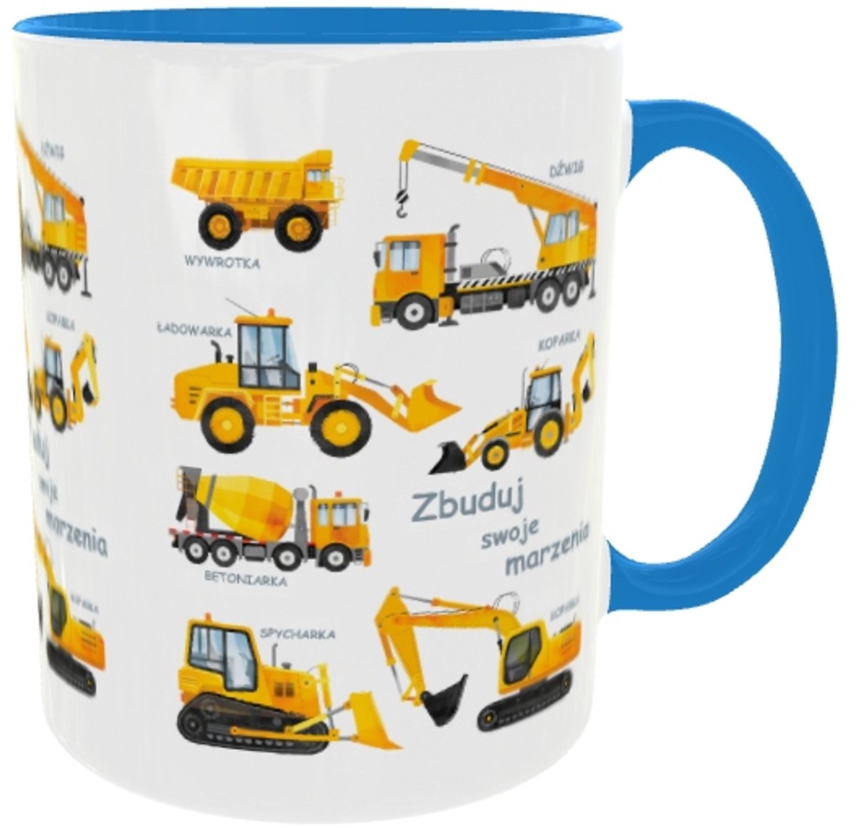Blauwe Keramische Mok - Bouwvoertuigen: Betonmixer, graafmachine, bulldozer