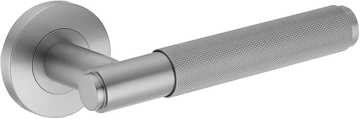 Deurkruk (2x) Eva rond geribbeld diamant greep 22mm haaks met een schroefrozet geborsteld RVS | RVS deurklinken