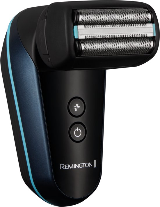 Zwarte Remington scheerapparaat met blauwe accenten en dubbele scheerkop.