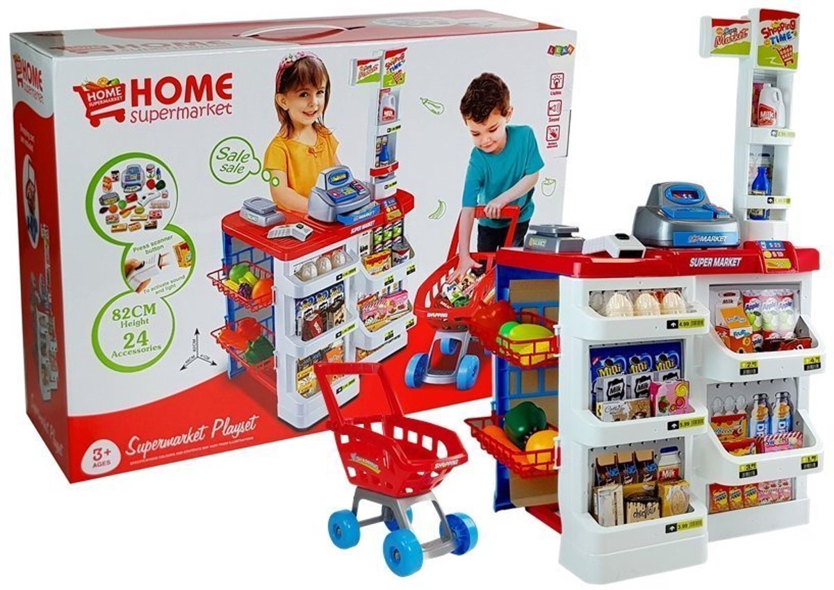 Speelgoedmarkt met een trolley, kassascanner, boodschappen doen
