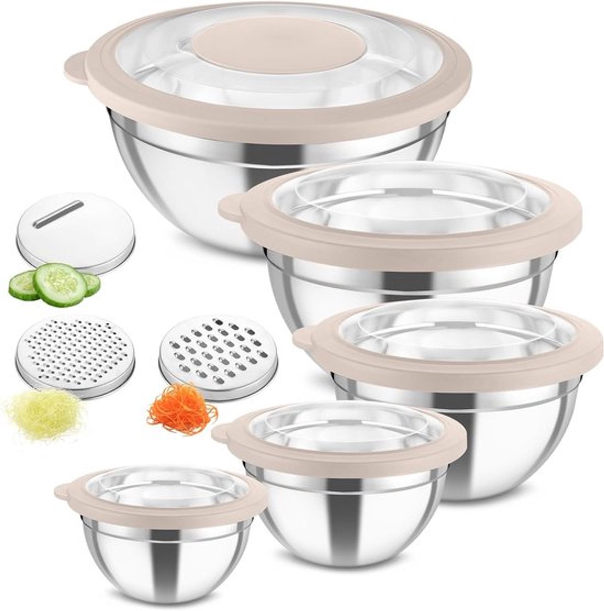 Mixkommen Set van 5 met 3 Raspaccessoires in Khaki - Ideaal voor Koken en Bakken