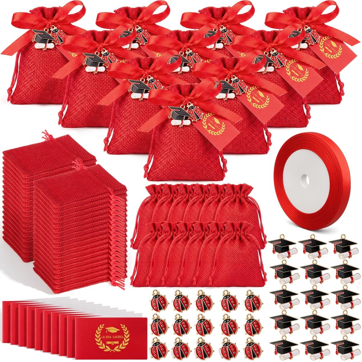 Solidchoice - Afstudeercadeautjes Set Met Rode Jute Zakjes - Feestgeschenken
