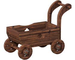 68 x 38 x 52 cm Houten Verhoogde Plantenbak, Mobiel Hoogbed, Kruidenbak, Bloembak, Tuinbak In Wagenvorm Met 4 Wielen En Handgreep, Verrijdbare Plantenbak Voor Tuin, Balkon, Terras En Buitenruimte Verkoold Hout