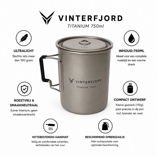 VinterFjord Titanium Kookpot 750 ml - Ultralicht - Inclusief Opbergtas — afbeelding 5