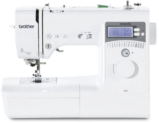 Witte Brother Innovis A16 naaimachine met digitaal display en bedieningsknoppen.