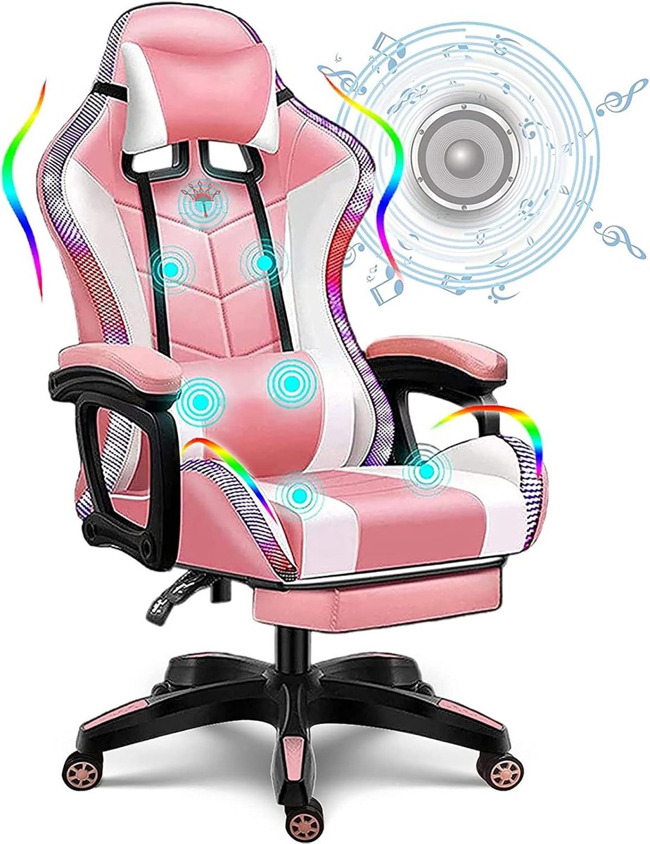 Racing Gaming Chair for Adults with Footrest and 7-Point Massage, Video Chair with Speakers and LED Light, Height - ShopVlot