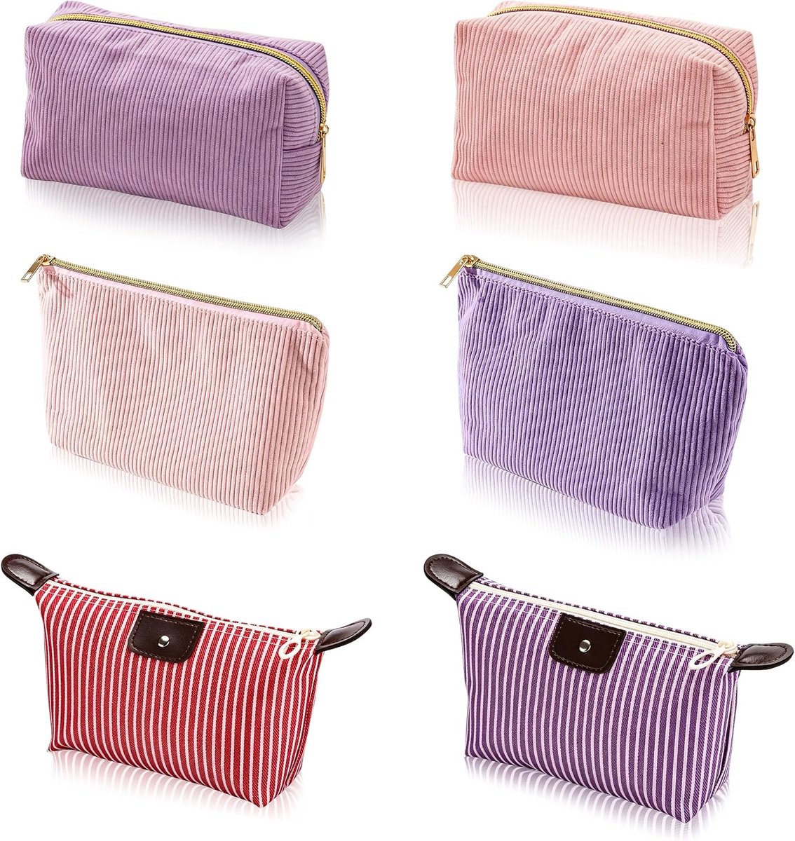 Piacolnic 6 Stuks Make-uptas voor Dames, Roze Rood Paars Kleine Make-uptas voor Dames, Cord Toilettas met Ritssluiting - ShopVlot