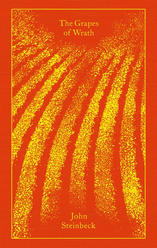Couverture du livre The Grapes of Wrath sur fond orange avec des rayures jaunes.