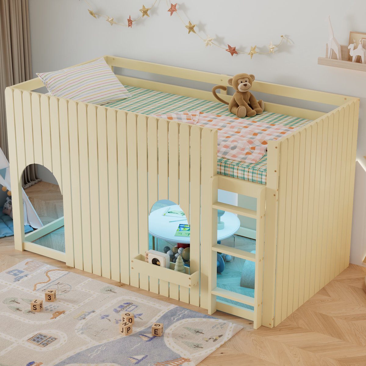 Halfhoogslaper met leuning 90x200 cm - kinderbed - LED-verlichting - boogramen - kleine opbergvakjes - houtkleur - zonder matras