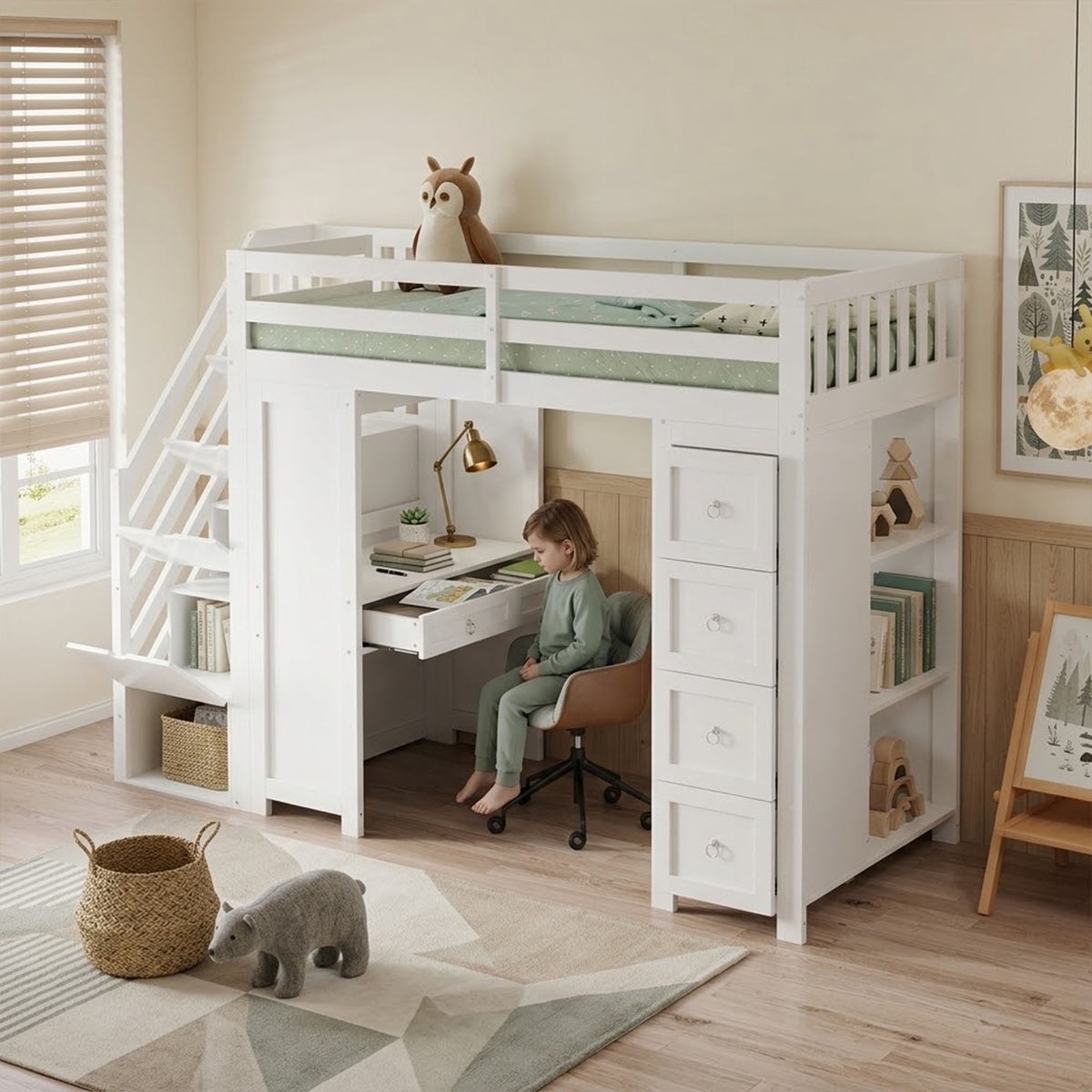 Halfhoogslaper 90x200 cm - kinderbed met opbergruimte - stapelbed - ingebouwd bureau - laden - zijboekenplank - wit - zonder matras