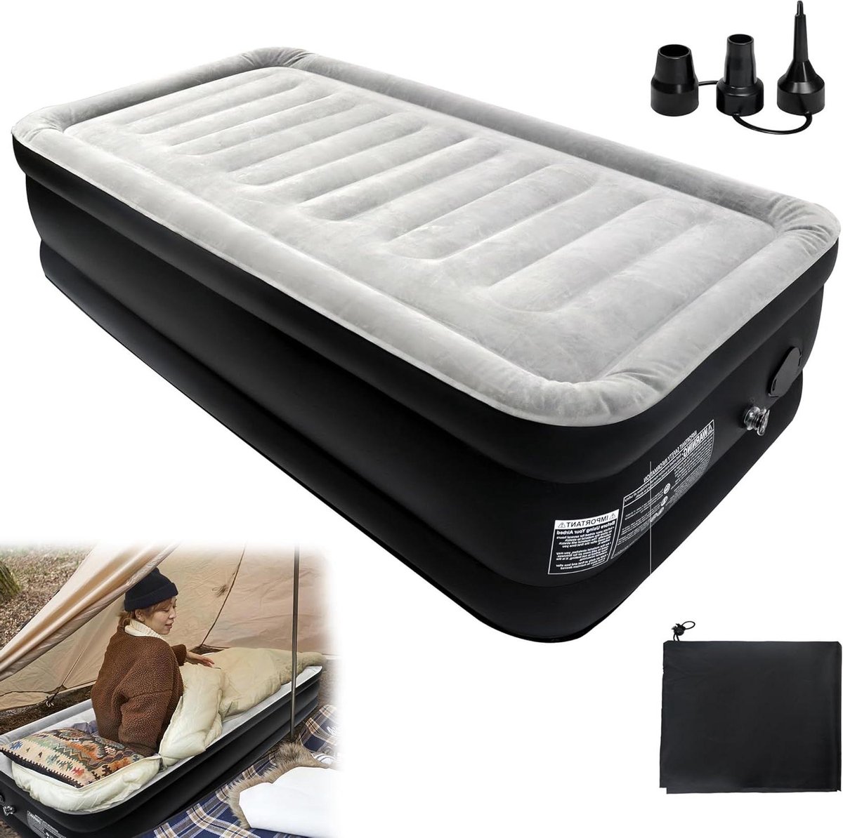 Opblaasbaar Matras - Luchtbed Zelfopblazend - Kamperen Thuis - Geïntegreerde Elektrische Pomp - 186 x 90 x 43 cm - Grijs