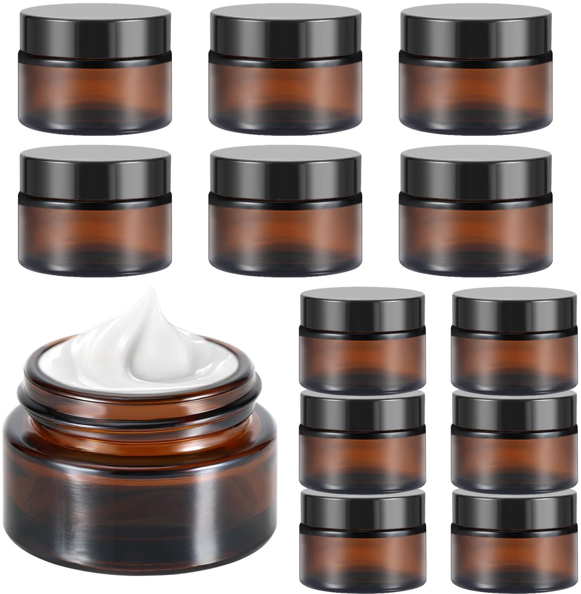 SnelShoppen - Pack van 12 Amber Glazen Lege Jars, 20ml/30ml, Bruine Glazen Potten voor Cosmetica, Crèmes, Lotions, Essentiële Olie - Duurzaam en Herbr