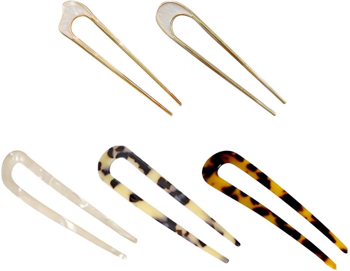 5 stuks U-vormige retro meerkleurige Franse haarspelden, acryl-vork-haarspelden, knotspelden, modieuze haaraccessoires voor meisjes