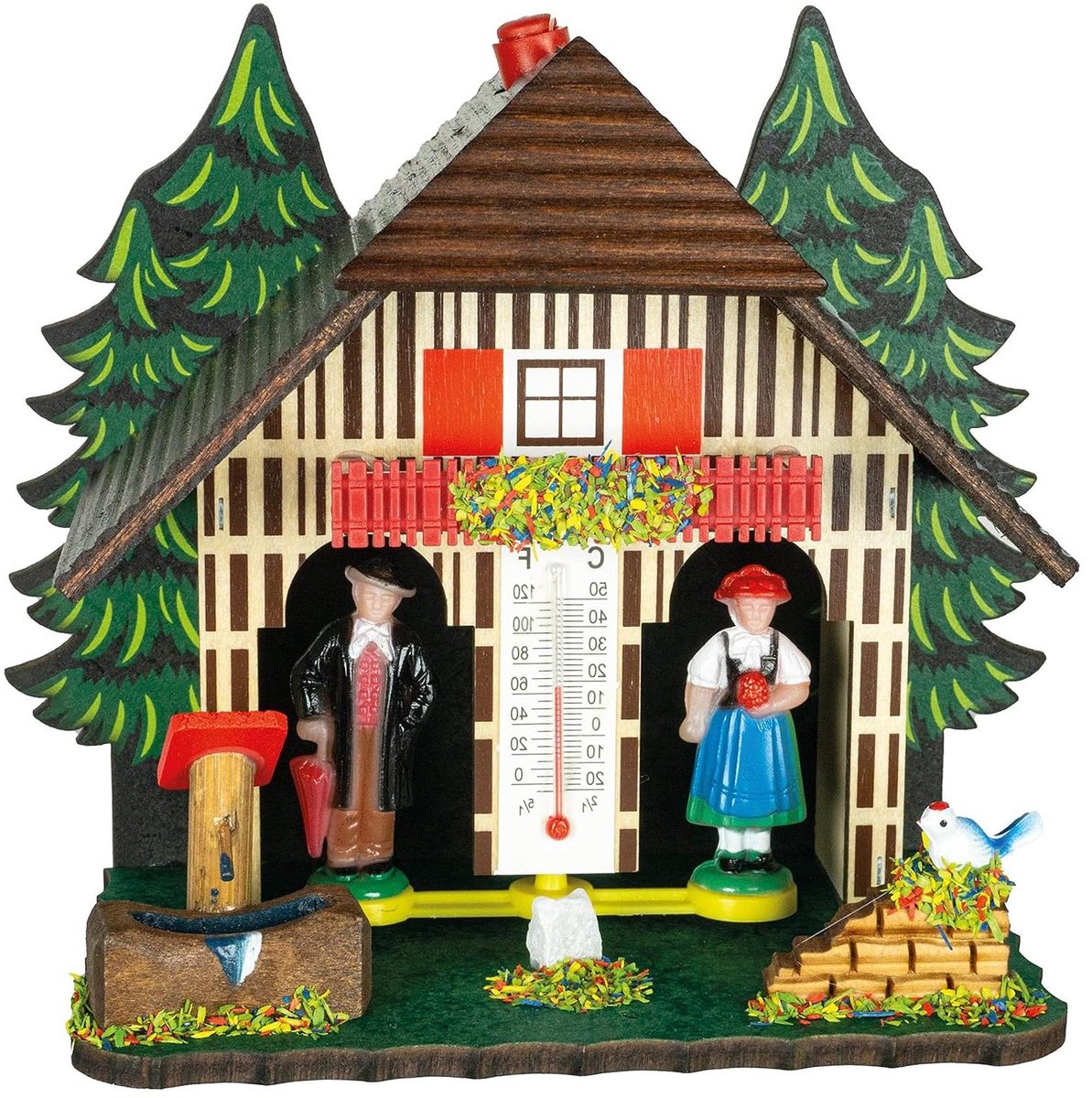 Weerhuis Hout - Weerstation Huisje - Weersvoorspelling Buiten - Gemaakt in Duitsland - 14 x 13 x 8 cm - Gekleurd