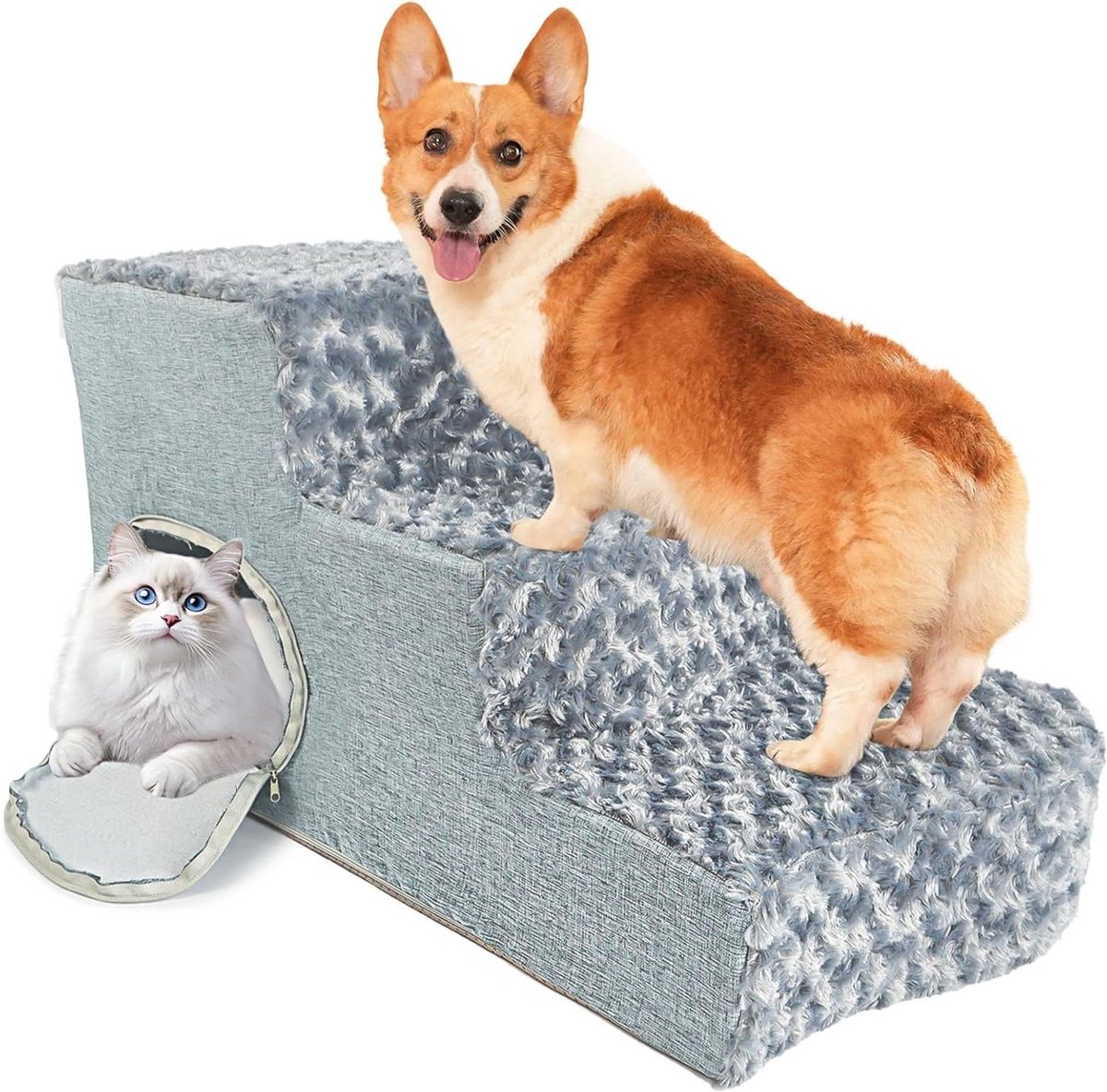 Hondentrap met Slaapnis - Hondenladder Kattentrap - Huisdierencomfort Vergroten - Twee-in-één Oplossing - 75 x 40 x 40 cm - Grijsblauw