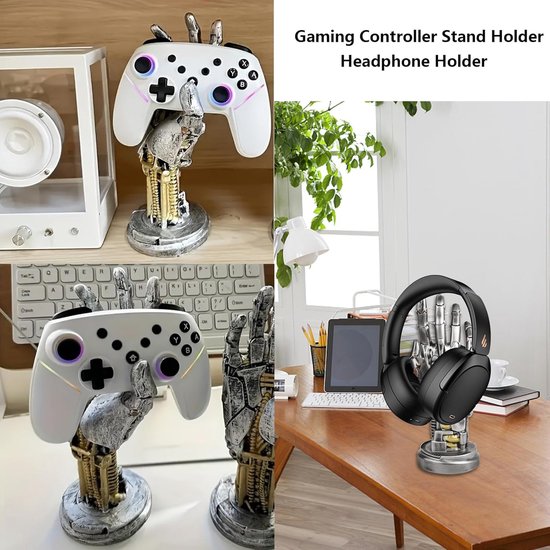 Hoofdtelefoonstandaard Controllerhouder - Gaming Accessoires Bureau - Bureau Organisatie - Cyberpunk Hand Design - 24 x 9 cm - Zilver — afbeelding 3
